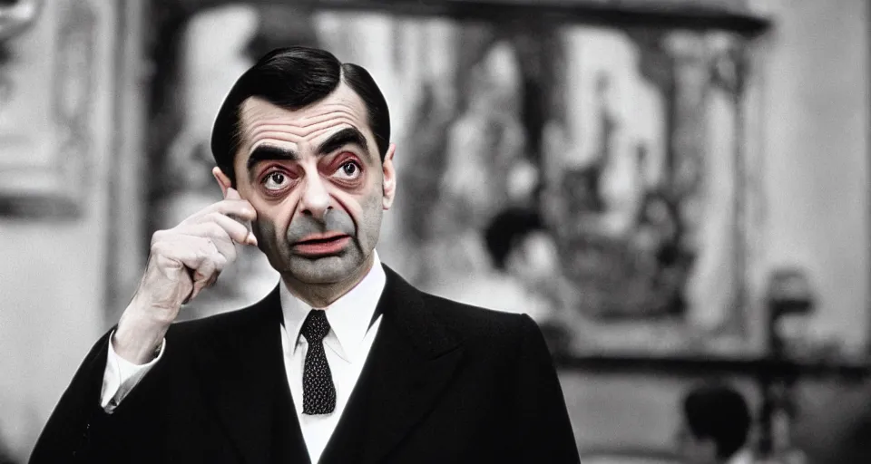 Image similar to Still image of Mr. Bean in The Godfather, cinematic, 40mm f/2.8, 35mm motion picture film