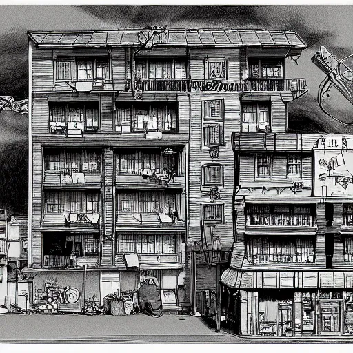 Image similar to cutaway drawing of an inn by Makoto shinkai, Geoff darrow