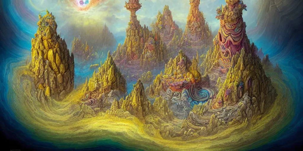 Image similar to a fantasy temple sits on top of a cross section of surreal geological biome chart with concentric layers of colourful strata forming a surreal tiered geological formation whith an , colourful strata, underground tunnel network, swirling clouds, pools of water, on dark paper, by peter mohrbacher, tarmo juhola, ivan laliashvili, james gurney, moebius, roger dean + wide angle view + v-ray + unreal engine + real life natural photo + daz studio iray + 8k textures ultra hd shaders + HDR lighting, ray traced, vue render, artstation