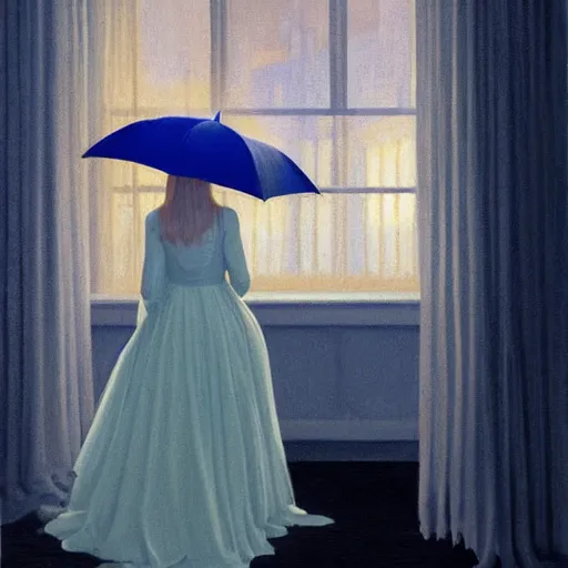 Image similar to Elle Fanning holding hands with a ghost in the world of Edward Hopper, stormy weather, extremely detailed masterpiece, oil on canvas, low-key neon lighting, artstation, Blade Runner 2049, Roger Deakin’s cinematography, by J. C. Leyendecker and Peter Paul Rubens,