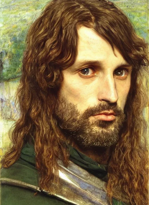 Image similar to a beautiful painting of aragorn by John Everett Millais and Dante Gabriel Rossetti and John Collier and john william waterhouse, pre-raphaelite, detailed, trending on artstation, hd, masterpiece