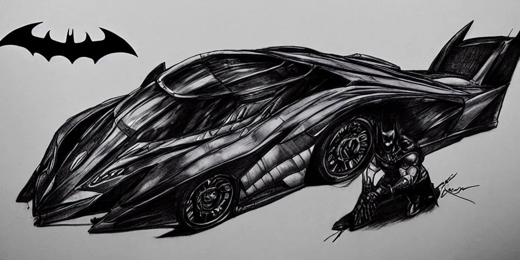 Image similar to ballpoint pen drawing of the batmobile, batman, arkham knight