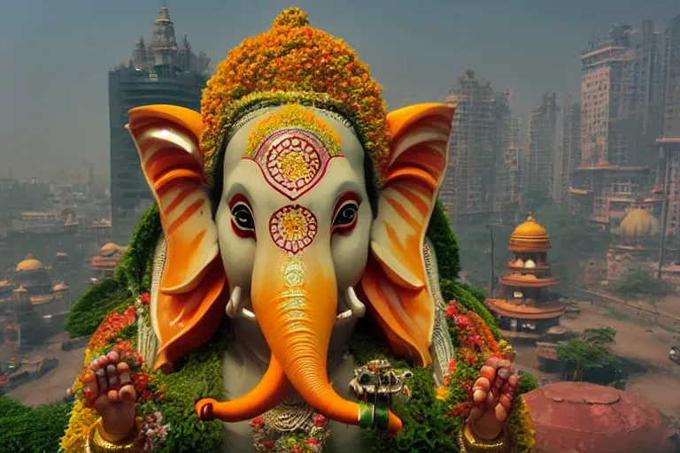 Image similar to beautiful futuristic new delhi, sharp sci - fi ganesha!! building, kalighat flowers, octane highly detailed cinematic, stephen shore & john j. park, soft morning light, wide shot, aerial shot, uhd 8 k, shallow depth of field