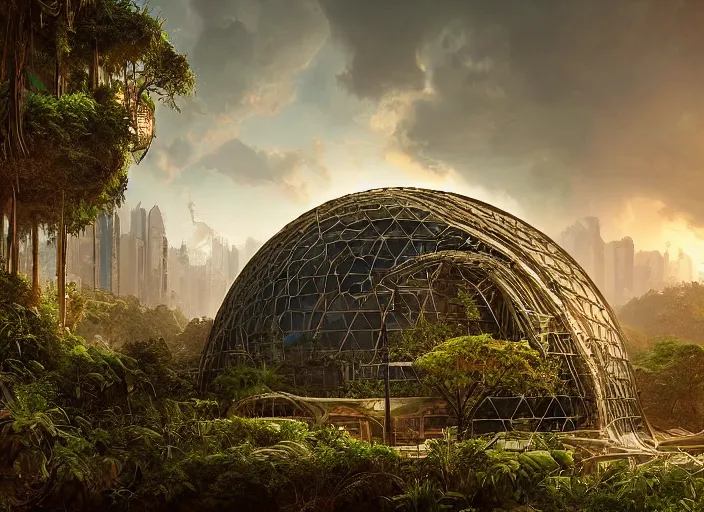 Prompt: highly detailed digital matte painting of a beautiful abandoned, overgrown, damaged biodome, by Raphael LaCoste and Ruan Jia and Robert McCall, postcyberpunk, geodesic dome, hyperdetailed, sunrise, wide shot, autochrome, octane render