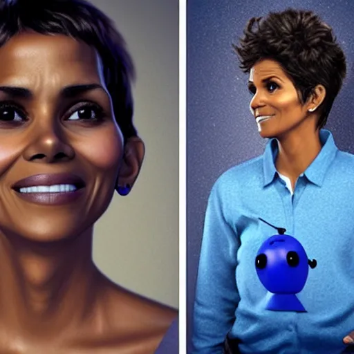 Image similar to an anthropomorphic blueberry with the face of halle berry