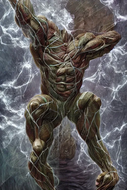 Prompt: muscular creature, veins, troll, fishlike, gills, dragonlike, grown together, overgrown, electronic wires, god rays, dark, skin, plastic wrap,