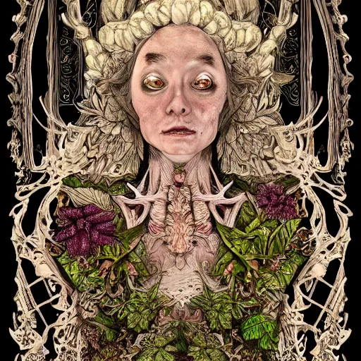 Image similar to a beautiful detailed front view baroque portrait of a rotten woman corpse with fractal plants and fractal flowers and mushrooms growing around, intricate, symmetrical, ornate, bones, art nouveau style