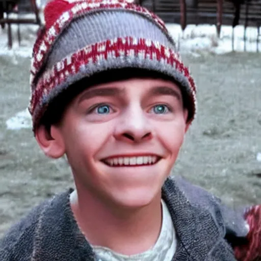 Image similar to the kid from polar express holding out his phone
