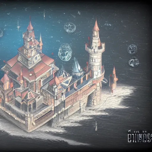 Prompt: an epic drawing Artstation style of a floating castle, with diamonds and crystals buildings around it. Ray tracing reflections,