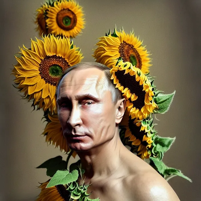Image similar to photo portrait of Vladimir Putin - sunflowers - dressed in long elegant intricate ornamental ethereal sunflower dress, natural skin tone, highly detailed realistic flowers ornament in the upper side of breast, hair and wrinkles are intricate with highly detailed realistic flowers, elegant, Realistic, Refined, Highly Detailed, natural soft pastel lighting colors scheme, fine art photography by Cecil Beaton, volumetric lighting, hyper realistic photography