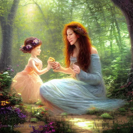 Image similar to forest sensual woman and her daughter eating animal in the forest, digital art, artwork, hihgky detailed face, thomas kindkade, fantasy, intricate