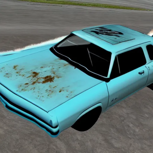 Prompt: A beater faded Powder Blue Dodge Aspin in FlatOut 2