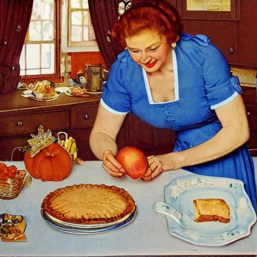 Image similar to housewife putting a hot apple pie on kitchen table, light blue dress, apron, sticking up her middle finger, artwork of norman rockwell