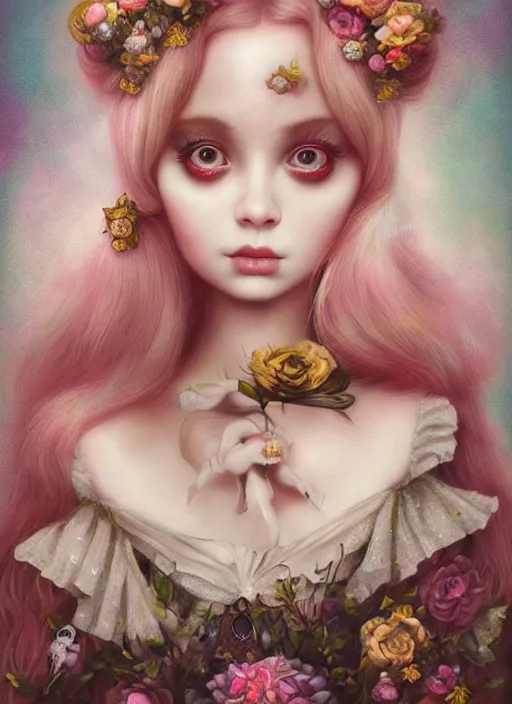 Image similar to pop surrealism, lowbrow art, realistic cute princess painting, bridal victorian fashion, hyper realism, muted colours, rococo, natalie shau, loreta lux, tom bagshaw, mark ryden, trevor brown style,