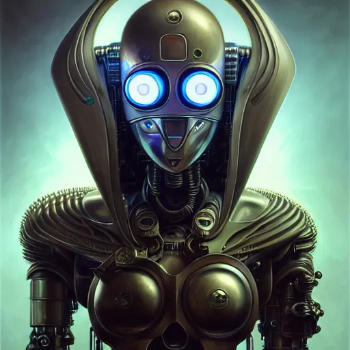 Image similar to front shot of a cyberpunk gazmask robot character, intricate, elegant, highly detailed, centered, digital painting, artstation, concept art, smooth, sharp focus, illustration, artgerm, Tomasz Alen Kopera, Peter Mohrbacher, donato giancola, Joseph Christian Leyendecker, WLOP, Boris Vallejo