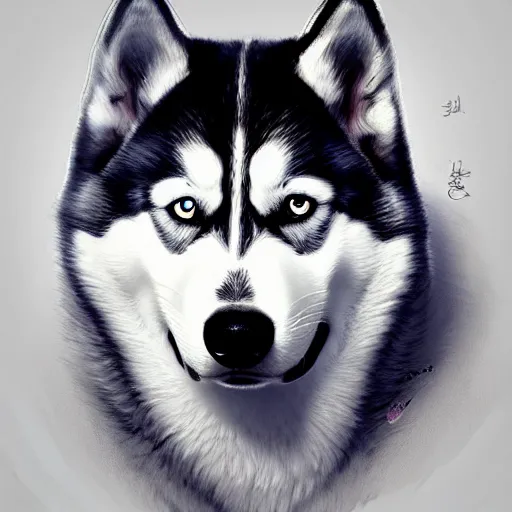 Image similar to beautiful detailed picture of a husky, intricate, elegant, highly detailed, my rendition, digital painting, artstation, concept art, smooth, sharp focus, illustration, art by artgerm and greg rutkowski and alphonse mucha