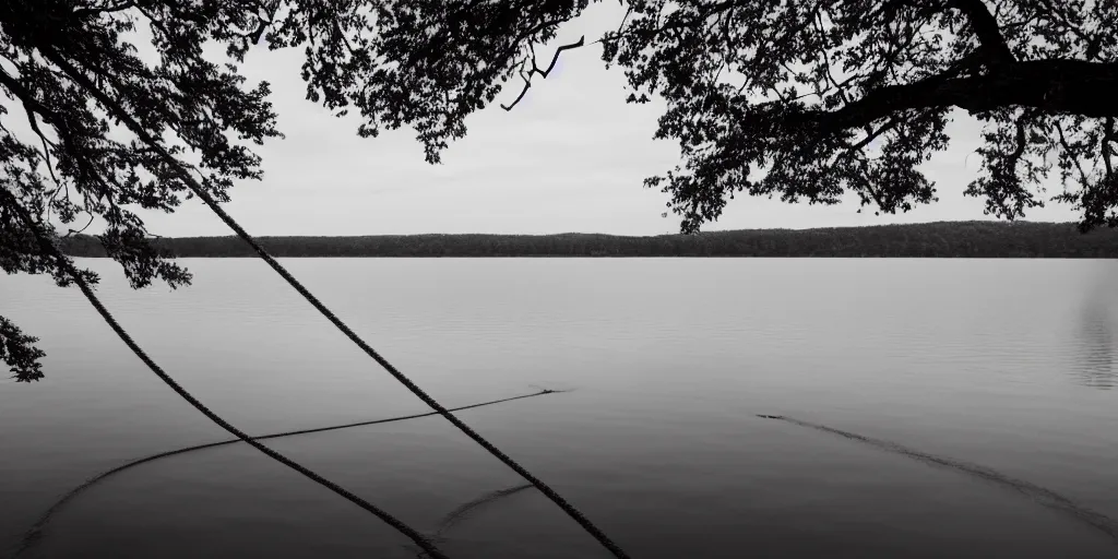 Image similar to symmetrical photograph of an infinitely long rope on the surface of the water, the rope is snaking from the foreground towards the center of the lake, a dark lake on a cloudy day, trees in the background, moody scene, anamorphic lens