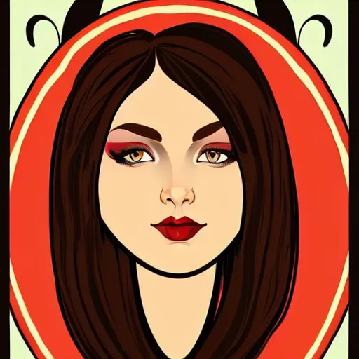 Image similar to curvy brunette woman with straight hair in a bob, romanian heritage, brown eyes, no bangs, digital art, cartoon, 8k, illustration, art nouveau, Alphonse Mucha, trending on artstation, medium shot, head shot