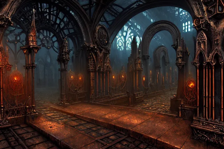 Image similar to steam necropolis, memento mori, gothic, neo - gothic, art nouveau, hyperdetailed copper patina medieval icon, stefan morrell, philippe druillet, ralph mcquarrie, concept art, steampunk, unreal engine, detailed intricate environment, octane render, moody atmospherics, volumetric lighting, ultrasharp, ominous, otherworldly