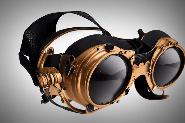 Prompt: a high quality product photography photoshoot of steampunk virtual reality goggles