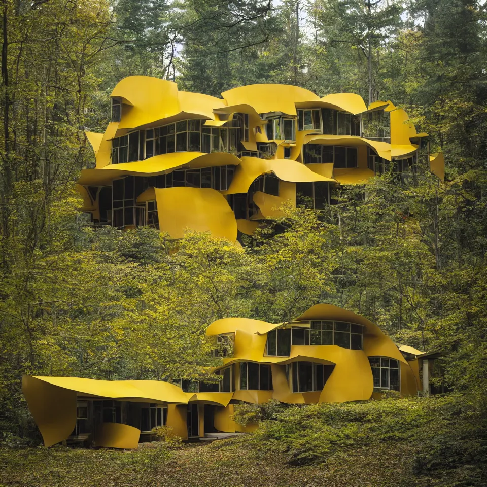 Prompt: architecture ad for a mid-century modern house in the middle of the forest, designed by Frank Gehry. Film grain, cinematic, yellow hue