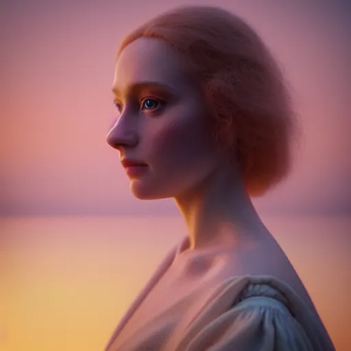 Image similar to photographic portrait of a stunningly beautiful english renaissance female in soft dreamy light at sunset, beside the river, soft focus, contemporary fashion shoot, in a denis villeneuve and tim burton movie, by edward robert hughes, annie leibovitz and steve mccurry, david lazar, jimmy nelsson, extremely detailed, breathtaking, hyperrealistic, perfect face, octane render