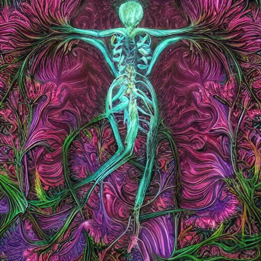 Prompt: a beautiful detailed photo of a full body rotten woman corpse morphing into fractal plants and fractal flowers and mushrooms, muscles, veins, anatomical, intricate, ornate, volumetric light, beautiful lit, beetlejuice