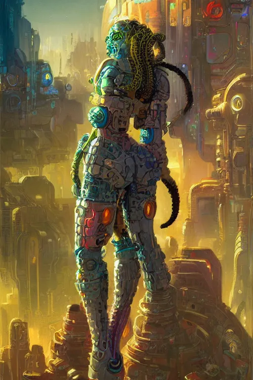 Image similar to a cyberpunk half length portrait of cyborg medusa, by paul lehr, jesper ejsing