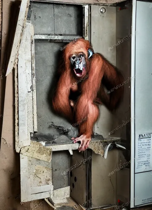 Image similar to scary half human half ape inside fuse box in post communist apartment building