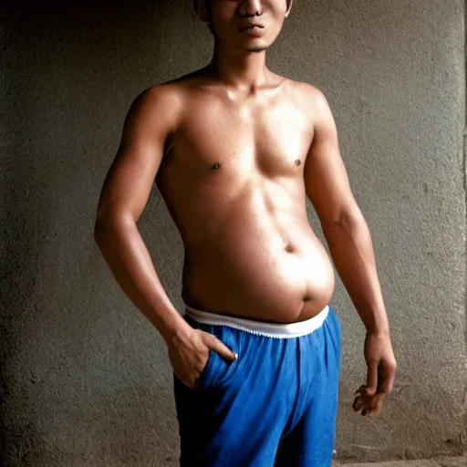 Prompt: A young Thai man in his 20s wearing a tanktop with a big pregnant belly, photographed by Steve McCurry