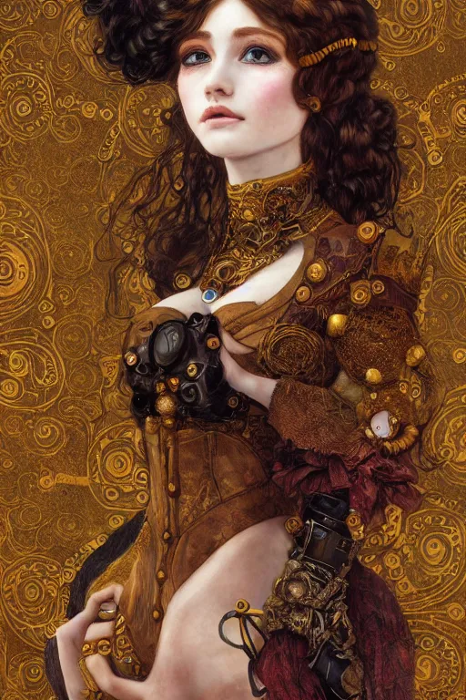Image similar to beautiful young maiden, steampunk, highly detailed, artstation, illustration, art by Gustav Klimt