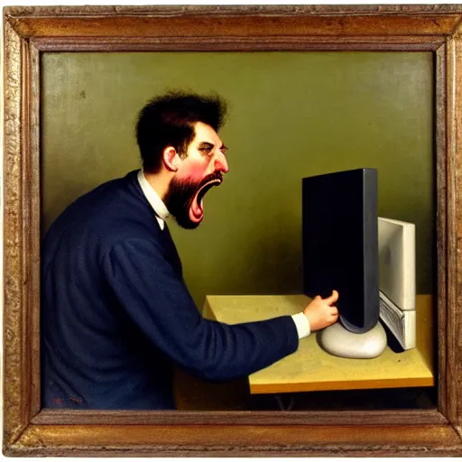 Image similar to an angry man yells at his computer monitor, oil on canvas, 1 9 0 1