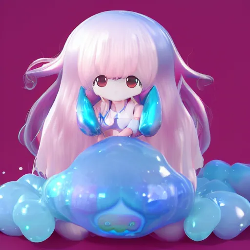 Image similar to cute fumo plush of a blob googirl, chibi monster girl, long dress, stylized shiny reflective refractive transparent liquid melty bubblegum pbr material, vray