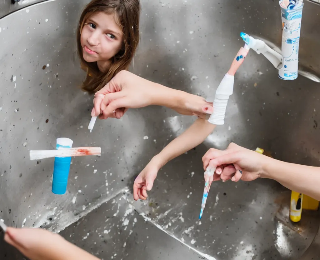 Prompt: first person point of view of a girl squeezing a paint tube in the kitchen sink, 8k