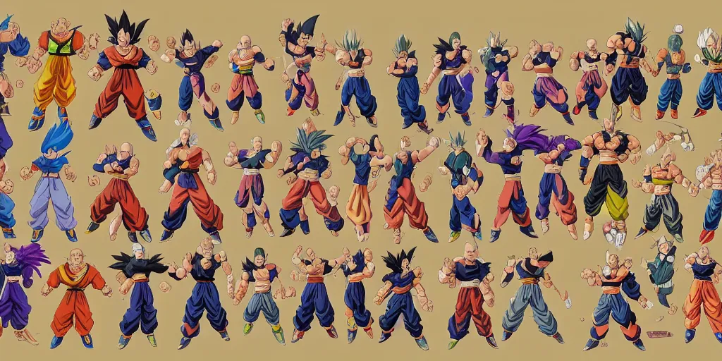 Prompt: dragon ball character design, idle, colored, sprite sheet, tekken, pc game, sideview, art by moebius and greg rutkowski.