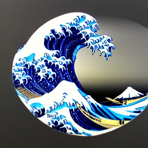 Image similar to a photo of a circular marble statue of The Great Wave off Kanagawa, in a museum, 3D, sculpture