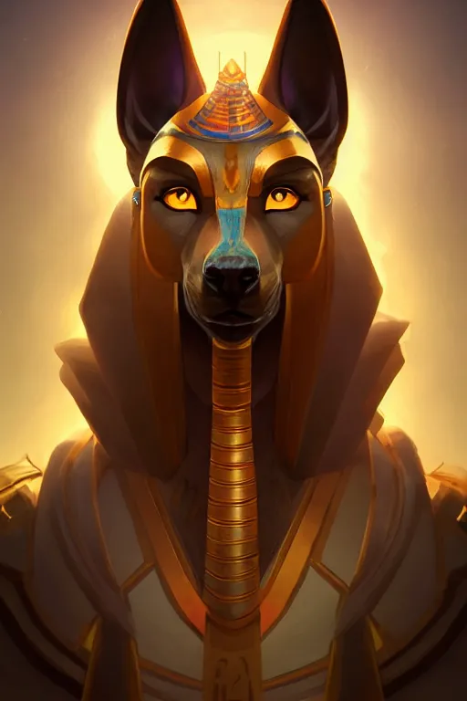 Image similar to the god anubis, egyptian setting, portrait, sharp focus, digital art, cgsociety, concept art, post processed, dynamic lighting, artstation, by rossdraws and jazza