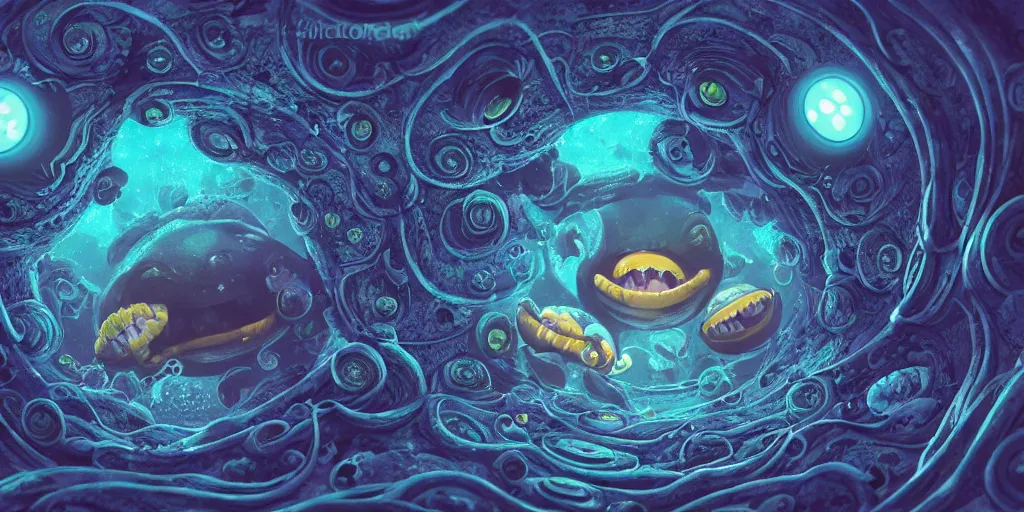 Image similar to of an intricate deep sea with strange cute friendly happy creatures with huge eyes, long tongue, round teeth and goofy funny face, appearing from the background, in the style of gehry and gaudi, macro lens, shallow depth of field, ultra detailed, digital painting, trending artstation, concept art, illustration, cinematic lighting, photorealism, epic, octane render