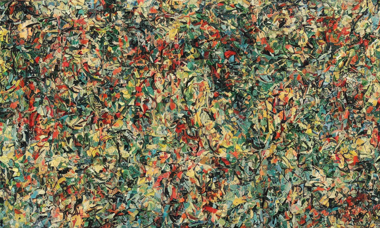 Prompt: cornucopia tick-tock, jackson pollock, oil on canvas