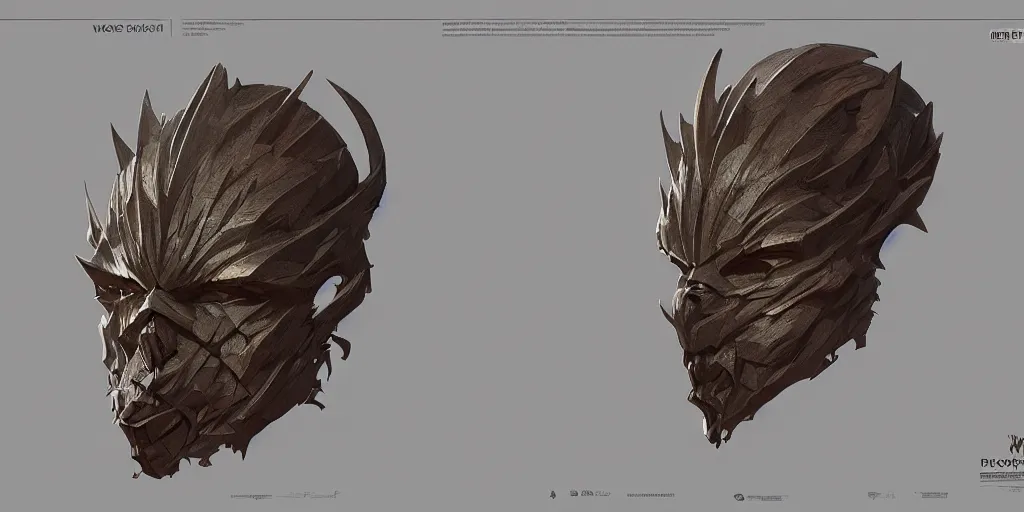 Prompt: wooden mask of fear design, character sheet, Moebius, Greg Rutkowski, Zabrocki, Karlkka, Jayison Devadas, Phuoc Quan, trending on Artstation, 8K, ultra wide angle, zenith view, pincushion lens effect