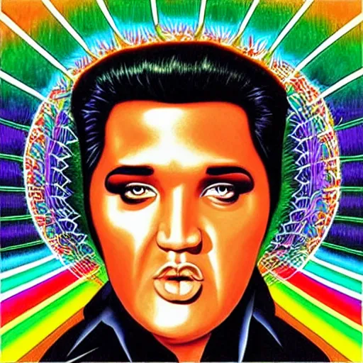 Image similar to “Elvis in the style of Alex Grey”