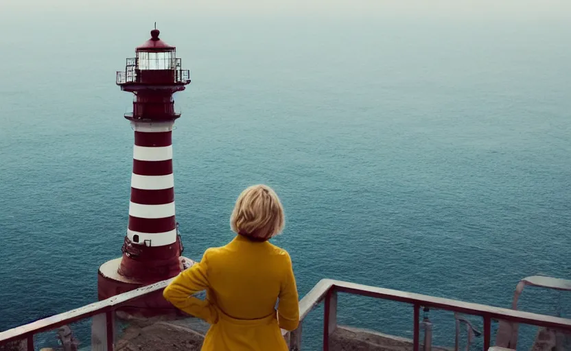 Image similar to a woman standing at the top of a lighthouse using binoculars, a screenshot by wes anderson, tumblr, video art, wide lens, filmic, criterion collection, symmetry