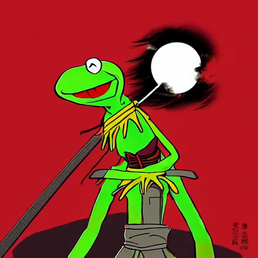 Image similar to Kermit the frog as an anime samurai, style of afro samurai, Key Frame, Top rated of pixiv, High Detail, Medium Shot, Dusk