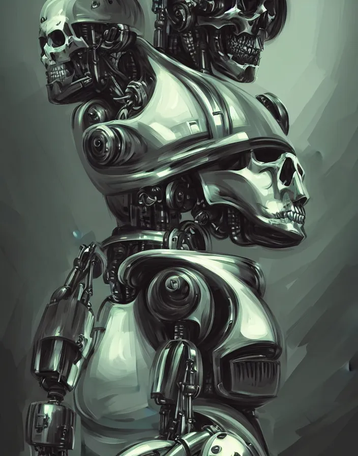 Prompt: skull - headed robot cyborg painting, illutstration, concept art, cyberpunk, futurism, comics art, artgerm, full body shot, wide angle