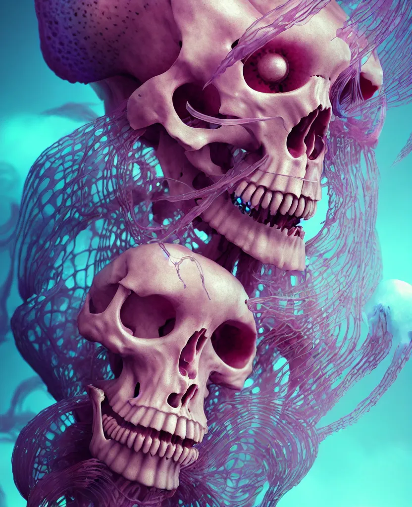 Image similar to goddess close - up portrait human skeleton, ram skull, jellyfish, orchid, betta fish, bioluminiscent, intricate artwork by tooth wu and wlop and beeple. octane render, trending on artstation, greg rutkowski very coherent symmetrical artwork. cinematic, hyper realism, high detail, octane render, 8 k