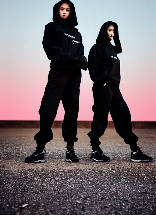 Image similar to cinestill 5 0 d photograph of 2 women wearing black techwear in front of a brutalist sharp - edged metal building, on a desolate plain, red eerie sky, sigma 8 5 mm f / 1. 4, 4 k, depth of field, high resolution, highly detailed, 4 k, 8 k, hd, full color, raw, unedited