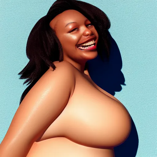 Prompt: photo of 3d render of a voluptuous beautiful black curvaceous model smiling, cream dripping on face, studio lighting, blue background, in the style of pixar, highly detailed, sharp focus, bokeh, depth of field, 16k resolution, Unreal Engine 5, coherent, cinematic lighting, beautiful painting, top down pov