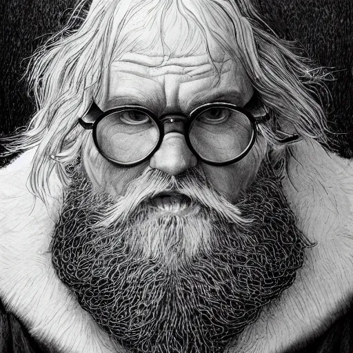 Prompt: a close up portrait of an old white bearded harry potter, art station, highly detailed, concept art, sharp focus, illustration in pen and ink, wide angle, by Kentaro Miura
