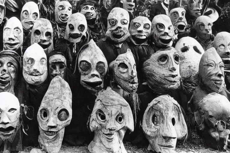 Image similar to vintage photo of villagers wearing weird masks, eerie, bizarre, highly detailed shot, dramatic 8 k uhd