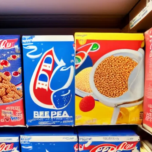 Prompt: boxes of pepsi - cola brand breakfast cereal on a store shelf